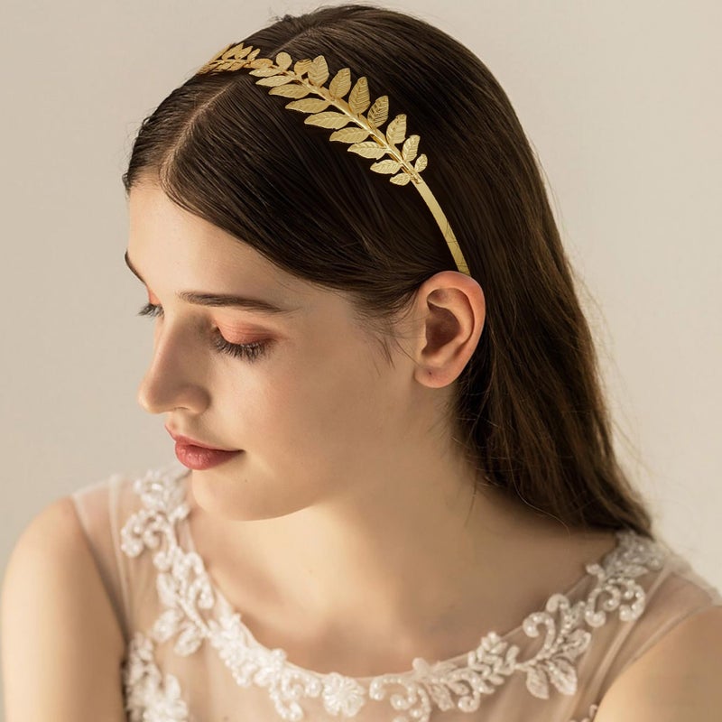 Finrezio Greek Goddess Headband Arm Cuff Bridal Jewelry Set Roman Laurel Leaf Branch Crown Armlet Upper Arm Band Bracelet Adjustable (A:Gold tone) - Image 5